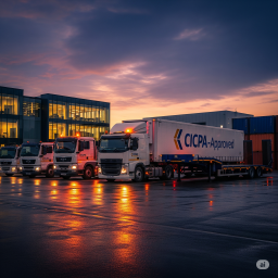 A truck operating in a secure industrial zone